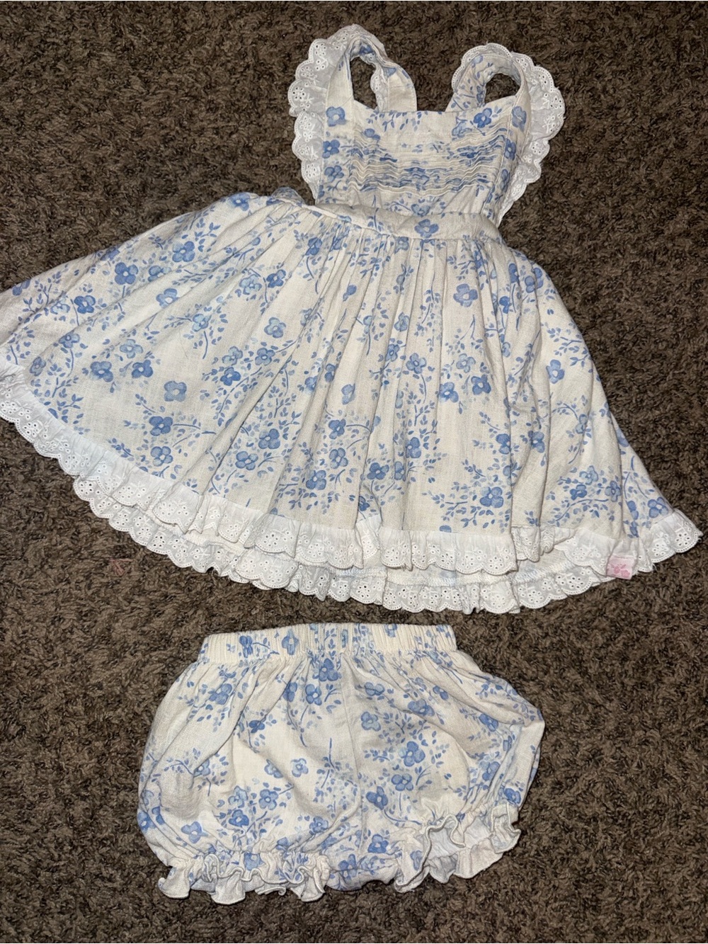 SweetHoney White and Blue Floral Eyelet Dress with Bloomers